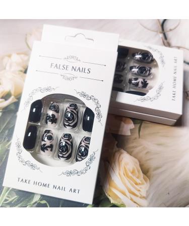 Rose Flower Press-On Nails for DIY Manicure | 24 Glossy Black Acrylic Coffin Fake Nails with Gel Glue - Chic Rose Design for Women & Girls - Buy Online on GoSupps.com