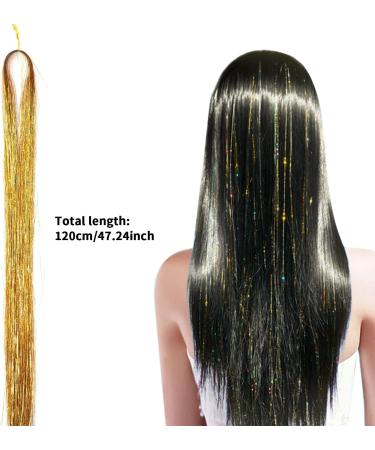 Holographic Sparkle Hair Tinsel Extensions - 220 Strands | Glitter Shiny Straight Hair Extensions for Girls | Party Fun Hair Accessories Gifts - Gold - Buy Online on GoSupps.com