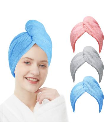 ELLEWIN Microfiber Hair Towel Wrap for Women 3 Pack,Hair Drying Turban with Button,Anti Frizz,Super Absorbent Quick Dry Hair Towels for Long Thick Short Hair(Grey,Pink,Blue) Grey/Pink/Blue 3pack