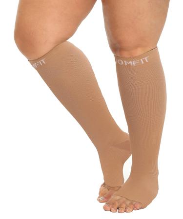 VOMFIT Plus Size Compression Socks for Women & Men, 20-30mmHg Wide Calf Extra Wide Toeless Support Compression Stockings for Circulation Pain, Nude, 3XL Nude 3X-Large (1 Pair)