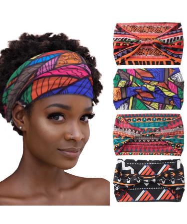 Aceorna African Headbands Boho Knotted Hairbands Stretch Wide Head Wraps Elastic Yoga Turban Hair Scarfs Workout Printed Hair Accessories for Women and Girls Pack of 4 (Style A) - Buy Online on GoSupps.com