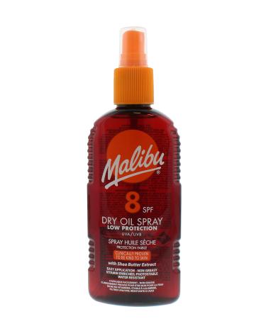 Malibu Sun SPF 8 Non-Greasy Dry Oil Spray for Tanning with Shea Butter Extract Low Protection Water Resistant 200ml