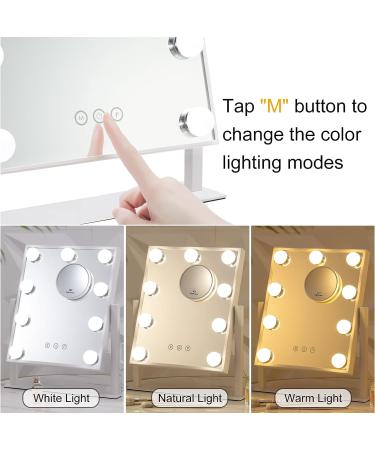 Ladkjoj Hollywood Lighted Makeup Mirror with Lights and 10X Magnifying Mirror - 3 Color LED Bulbs, 360 Rotation - White - Buy Online on GoSupps.com