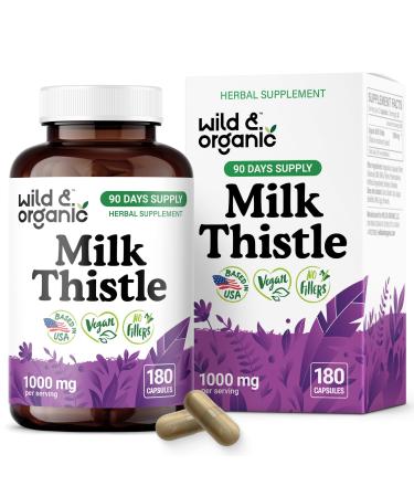 Wild & Organic Milk Thistle Capsules 1000mg - Liver Supplement - Silymarin Milk Thistle Seeds Powder for Liver Support - 180 Vegan Capsules - 3-Month Supply - No Fillers Non-GMO 180 Count (Pack of 1)