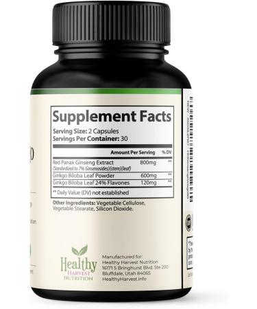 Ginkgo Biloba & Ginseng Korean Red Panax Extract - Brain Memory Supplement for Performance Energy & Immune Support - Nootropic for Mental Function - 60 Capsules - Buy Online on GoSupps.com