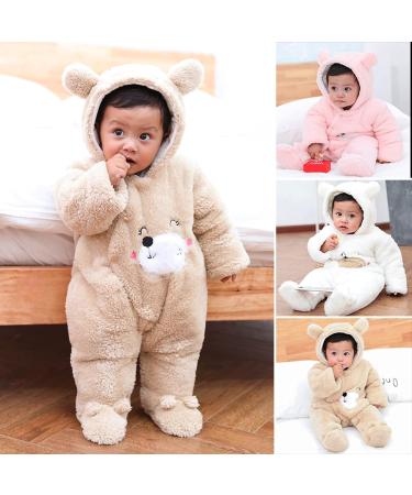 Newborn Cartoon Bear Snowsuit | Baby Infant Winter Coat | Footed Romper | Front Snaps | Warm Jumpsuit | Khaki 0-3 Months - Buy Online on GoSupps.com