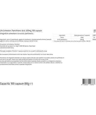Life Extension Pantothenic Acid 500mg - High Dose Vitamin B5 - 100 Vegan Capsules - Lab Tested - Gluten Free, Vegetarian, Soya Free, GMO Free - Buy Online on GoSupps.com
