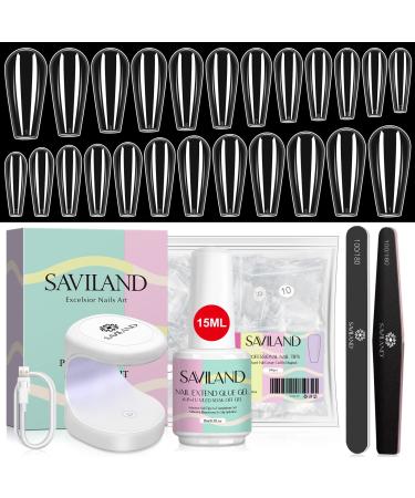 SAVILAND Coffin Gel X Nail Kit - 4 In 1 Nail Glue Gel with 500Pcs Clear Medium Nail Tips Full Cover Portable Mini U V LED Nail Lamp DIY Nail Art Nail Strengthener Acrylic Nail Kit Salon At Home Gift C2-Medium Coffin