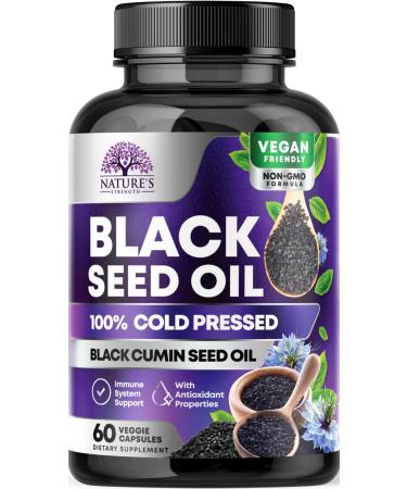 Black Seed Oil - 60 Softgel Capsules Premium Cold Pressed Non-GMO Nigella Sativa, Pure Black Cumin Seed Oil, Omega 3 6 9 Antioxidant Immune Support, Joint, Digestion, Hair & Skin, Gluten-Free & Vegan