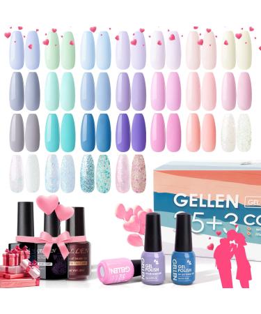 GELLEN Gel Nail Polish Kit - 28 Pack Glossy/Matte Top Coat Base Coat Pastels Shades Nail Gel Colors Kit Soak Off Nail Kit Gel Polish Starter Set Candy Pastels