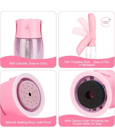 JOPHEK 300ml Portable Pet Drinking Bottle - Leakproof 180 Foldable Dog & Cat Water Bottle with Activated Carbon Filter for Travel & Camping - Pink - Buy Online on GoSupps.com