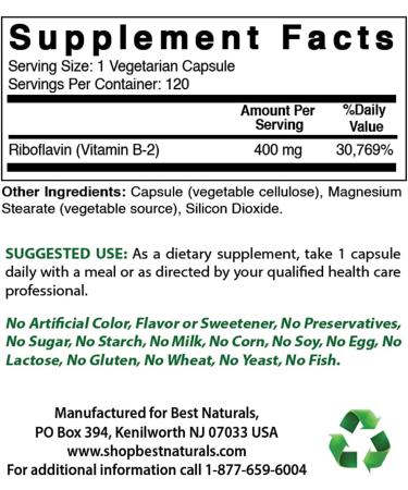 Best Naturals Vitamin B2 400mg - Migraine Relief Veggie Capsules - Coenzyme Precursor - 120 Count Pack - Riboflavin Supplement - Buy Online on GoSupps.com