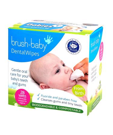 Brush Baby Teething Relief Dental Wipes for Ages 0-Toddler - Naturally Eliminate Teething Pain, Prevent Tooth Decay and Sour Milk Breath - 28 Finger Wipes 28 Count (Pack of 1)