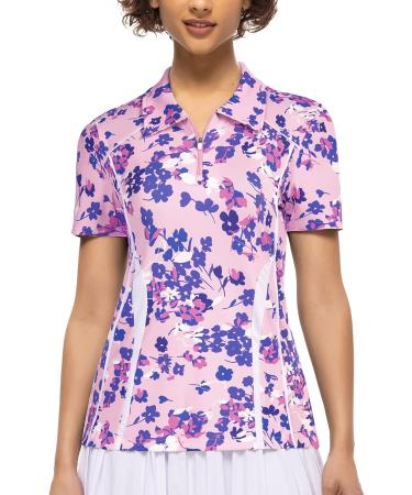 JACK SMITH Women's Golf Polo Shirt | Short Sleeve Moisture Wicking Zipper Top | Pink-floral, Large - Buy Online on GoSupps.com