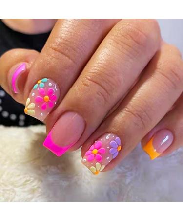 French Tips Short Square Press on Nails with Flower Stereoscopic Embossed Design Glossy Nude False Nails Gel Glue on Nails Relief Manicure Art Fake Nails Stick on Nails for Coquette Women Girls Design W