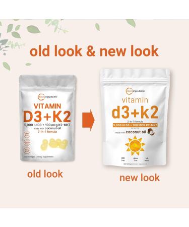 Micro Ingredients Vitamin D3 5 000 IU + K2 MK-7 100 mcg 300 Softgels | Virgin Coconut Oil | 2-in-1 Bone Immune & Heart Support | Easy to Swallow Non-GMO 300 Count (Pack of 1) - Buy Online on GoSupps.com