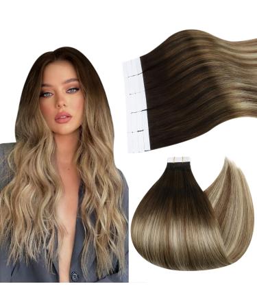Ugeat tape extensions real hair balayage brown tape extensions light blond tape extensions for short hair extension real hair adhesive extensions 20 pieces 30 cm #4/6/613
