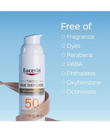 Eucerin Sun Tinted Age Defense Face Sunscreen Lotion SPF 50 with Hyaluronic Acid Tinted Sunscreen for Face Blendable Tint for All Skin Tones Non Comedogenic and Hypoallergenic 2.5 Fl Oz Bottle - Buy Online on GoSupps.com