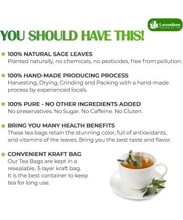 Lavendium Premium 30 Sage Leaf Tea Bags 100% Natural & Pure from Sage Leaves. Loose Leaf Sage Herbal Tea. Made with Natural Material Tea Bags. No Sugar No Caffeine No Gluten Vegan. CA Sage 30 Bags - Buy Online on GoSupps.com
