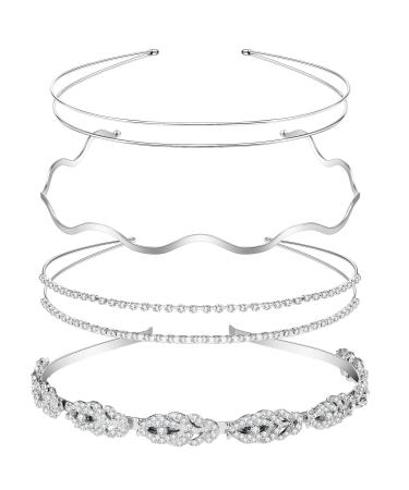 4 Pieces Crystal Headbands for Women Halloween Headbands Silver Diamond Headband Set Elastic Wavy Headband Bridal Metal Double Headband Slim Flower Leaves Hair Band for Halloween Costume Wedding Party