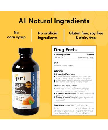 PRI Natural Dry Cough Syrup - Manuka Honey, Propolis, Tea Tree Oil, Vitamin C - 8oz - Buy Online on GoSupps.com
