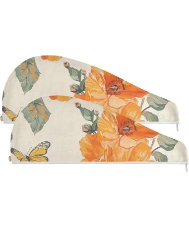 Orange Flowers Butterfly Hair Towel 2 Pack | Super Absorbent Quick Dry Hair Turbans for Women & Girls - Buy Online on GoSupps.com