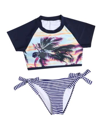 TUNUSKAT Swimsuit Women 2 Piece Swimwear Color Block Graphic Tees Summer Short Sleeve Crop Tops Bow Striped Shorts Bikini Medium 01*blue