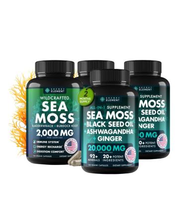 Sea Moss Bundle Wildcrafted Irish Sea Moss Capsules with Burdock Root Bladderwrack Muira Puama + Seamoss Black Seed Oil Ashwagandha & Ginger 480 Vegan Capsules