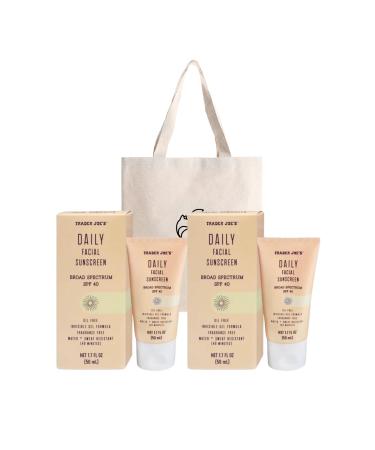 Trader Joe's Daily Facial Sunscreen SPF 40 Oil Free Invisible Gel Formula Fragrance Free Water Sweat Resistant ''Supergoop Dupe'' 1.70 Fl Oz (Pack of 2) Bundle by FOXTAIL COLLECTIVE with Custom Bag
