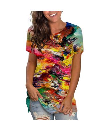 Plus Size Tops for Women Tie Dye Printed Short Sleeve T Shirts Crew Neck Funny Graphic Tees Casual Loose Fit Blouse Medium Multicolor