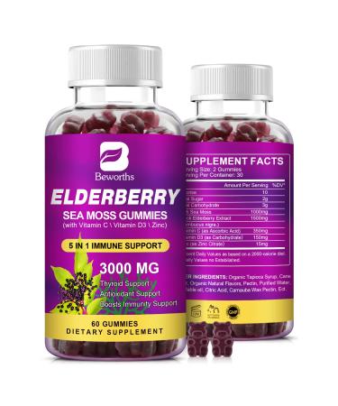 B BEWORTHS Black Elderberry Gummies & Sea Moss Gummy Organic Sambucus Elderberry with Zinc and Vitamin C D3 Multivitamin Gummy Immune & Thyroid Support Supplements for Adults & Kids - Vegan 60.0 Servings (Pack of 1)