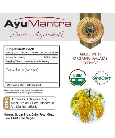 AyuMantra Organic Amaltas Tablets (Cassia Fistula) - an Excellent Digestion Correcting herb for Multi-systemic Application - 90 Tablets 1000mg - Buy Online on GoSupps.com