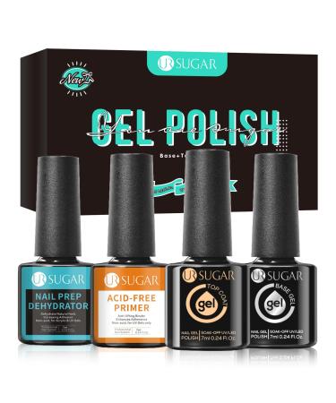 Ur Sugar Base Gel Coat Top Coat UV Nailack Base and Top Coat 7ml Nail Prep Dehydrator and Acid-Free Primer Nailet 4 Bottle Manicure Kunst set for strong and healthy nails Transparent
