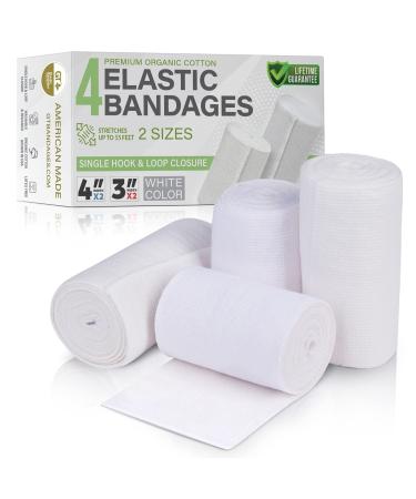 GT Soft | Latex Free White | Organic USA Cotton Elastic Bandage | Set of Two 4 inch & Two 3 inch Wraps | Single Hook & Loop Closure | Washable Reusable