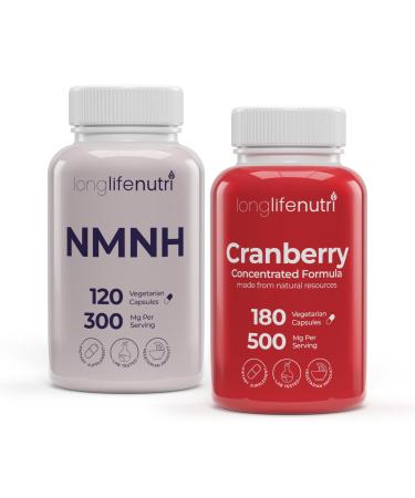 LongLifeNutri NMNH 300 mg & Cranberry Extract 500 mg Bundle 120 & 180 Veg Capsules 2 6 Month Supply Cellular Energy & Urinary Support Lab Tested Made in USA