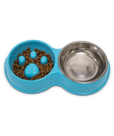 Fur & Bone Double Slow Feeder Dog Bowl | Raised Dog Bowl with Non-Slip Bottom | Cat Food Bowl Dog Bowls | Dog Water Bowl Cat Bowls Stainless Steel Bowl | Detachable Raised Cat Bowl (Blue)