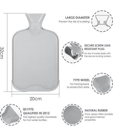 BOLEi 2L Hot Water Bottle with Faux Fur Cover - Leakproof Large Hot Water Bag for Pain Relief - Ideal for Women, Seniors, Children - Grey - Buy Online on GoSupps.com