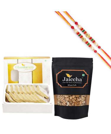 Ghasitaram Gifts Rakhi Gifts for Brothers Rakhi Sweets - Sugarfree Kaju Katli and Wheat Puffs with 2 Pearl Beads Rakhis