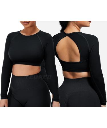 YEOREO Seamless Long Sleeve Crop Gym Shirt for Women - Black, Small (Open Back Design) - Buy Online on GoSupps.com