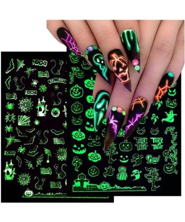 Halloween Nail Art Stickers Glow in The Dark Nail Decals 3D Self-Adhesive Fluorescent Nail Stickers Skull Spider Witch Ghost Pumpkin Bat Snake Nail Design Halloween decorations - Buy Online on GoSupps.com