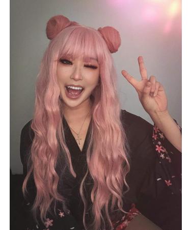YEESHEDO 28 Inch Long Pink Synthetic Wavy Wig with Fringe for Women - Ideal for Party, Cosplay, or Daily Wear - Buy Online on GoSupps.com