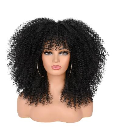 ANNISOUL 16Inch Curly Wigs for Black Women Black Afro Bomb Curly Wig with Bangs Synthetic Fiber Glueless Long Kinky Curly Hair 16 Inch Black