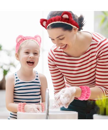 AMCAMI 6 Pcs Spa Headband and Wristband Set | Cute Bear Ears Design | Makeup and Skincare Headbands for Women | Pink Red - Buy Online on GoSupps.com