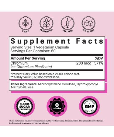Chromium Picolinate 200mcg Sugar Craving Suppressant - Stop Sweet Temptations - 60 Vegan Capsules - Buy Online on GoSupps.com