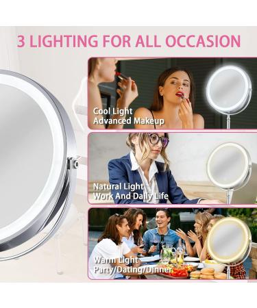 8'' Rechargeable Lighted Makeup Vanity Mirror with 1X/10X Magnification - Touch Sensor Dimming, 3 Colors, 360 Rotation - Cordless - Buy Online on GoSupps.com