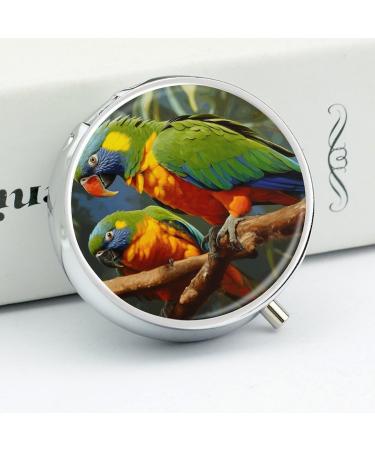 Round Pill Box with Parrot Painting - 3 Compartment Pill Organizer - Decorative Metal Portable Pocket Pill Case - Buy Online on GoSupps.com