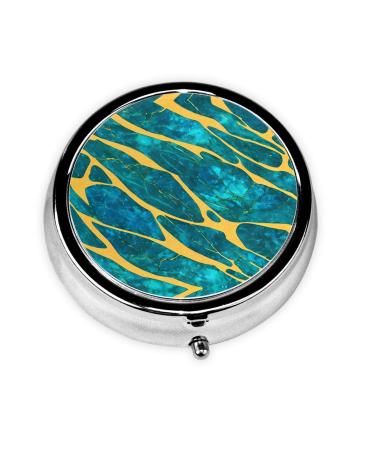 Metal Pill Box 2.0x2.0x0.7 in Mini Travel Medicine Pill Organizer Box for Purse Pocket Azurite Teal and Foil Gold Oil Marble Pattern Prints