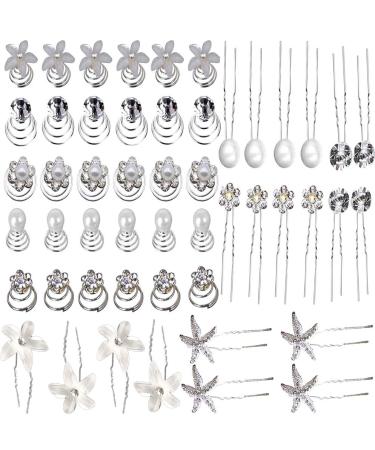 (50pcs) 30PCs hair spiral wedding + 20PCs wedding hairpins pearl flowers rhinestone bride hair jewelry curlies u-shaped hair clips hair clips for women girls bridal hairstyle communion party