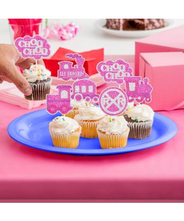 Pink Glitter Kids Train-Themed Happy Birthday Cupcake Toppers Set of 18 - Perfect for a girl's train birthday party baby shower party or themed railroad party Choo-choo decorations - SugarGera - Buy Online on GoSupps.com