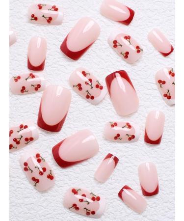 French Tips Press On Nails - Pink Glossy Cherry Design | Short Square False Nails - 24 Pcs Full Cover Acrylic Nail Art Kit for Women & Men - Buy Online on GoSupps.com